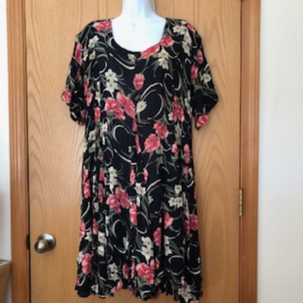 Vintage Starina Relaxed Fit Flowered Rayon Dress Tunic Black Pink Medium